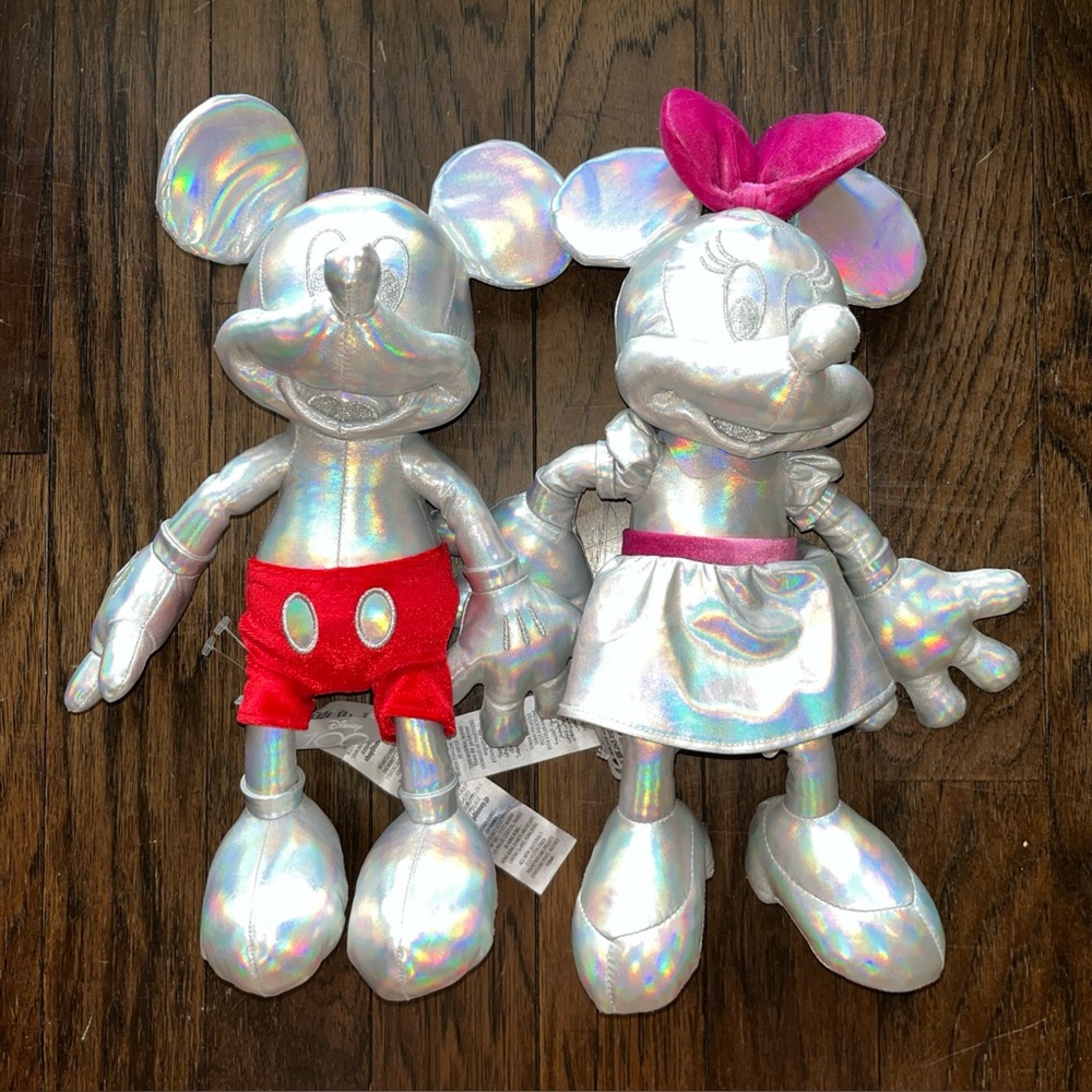 Disney Parks 100th Anniversary Hologram Silver Mickey and Minnie Plush Set
